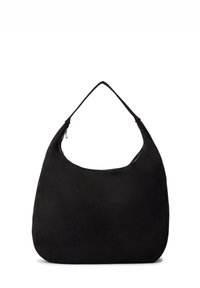 Borsa hobo in suede nera con silhouette curvata, ampia tracolla e chiusura con zip. Texture liscia, design minimalista senza decorazioni.