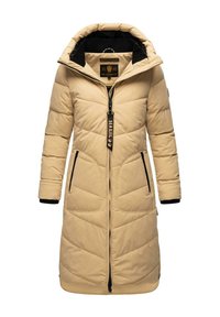 Lång beige puffjacka med huva, har en svart inredning, framdragkedja och två sidofickor med kontrasterande dragkedjor.