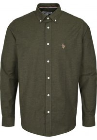 Olive green button-up shirt made of soft cotton. Features a classic collar, long sleeves, and an embroidered logo on the chest.