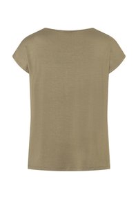 Kurzärmliges Oberteil in olivgrün, aus weichem Stoff gefertigt. Verfügt über einen lockeren Schnitt mit rundem Halsausschnitt und geradem Saum. Glatte Oberfläche.