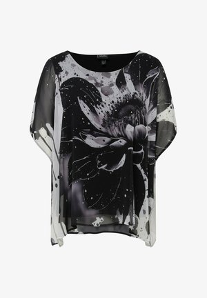 Czarna i biała bluzka w kwiatowy wzór wykonana z lekkiego, przezroczystego materiału, o luźnym kroju, szerokich rękawach i okrągłym dekolcie.