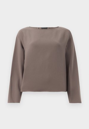Brown long-sleeve top with a wide neckline, made from a smooth, soft fabric. Features a relaxed fit and minimal design without embellishments.
