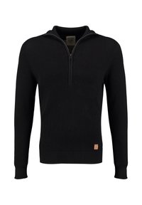 Maglione lungo nero a maniche lunghe con zip a un quarto sul davanti e colletto alto, dotato di un piccolo logo marrone sul margine inferiore sinistro.