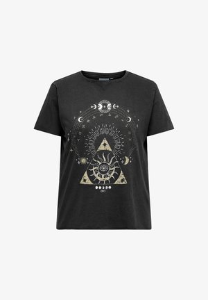 Svart bomulls-T-skjorte med hvitt grafisk design med himmelske motiver, inkludert en sol, trekanter og dyrekretsens symboler. Korte ermer.