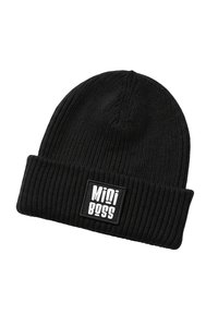 Black knit beanie with a folded cuff. Features a rectangular label with the text "MIDI BOSS" in white. Ribbed texture throughout.