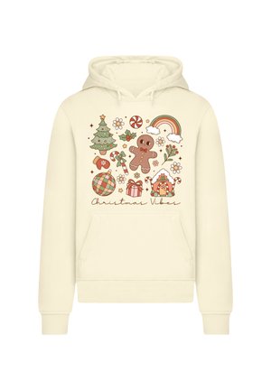 Cremefarbener Hoodie mit festlichem Grafikerdesign, das einen Weihnachtsbaum, einen Lebkuchenmann, Geschenke und Feiertagselemente zeigt.
