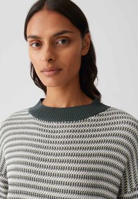 Maglione lavorato a maglia con un colletto a coste verde, caratterizzato da un motivo a strisce in tonalità bianco e grigio. Vestibilità ampia e rilassata. Tessuto testurizzato.