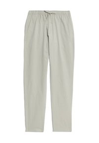Pantalones ligeros de color gris claro con cintura elástica y cordón, con un diseño de pierna recta y dos bolsillos laterales. Tela de algodón suave.