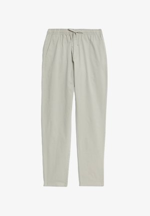 Pantalones ligeros de color gris claro con cintura elástica y cordón, con un diseño de pierna recta y dos bolsillos laterales. Tela de algodón suave.