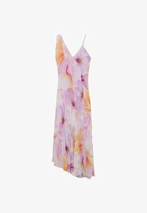 Rochie florală cu bretele subțiri, realizată dintr-un material ușor. Are imprimeuri mari cu flori roz și portocalii, fustă fluidă, design asimetric.