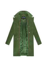 Manteau en laine vert avec un design croisé, intérieur en satin, bordure rouge et fermetures à boutons ; présente un col cranté et des coutures détaillées.