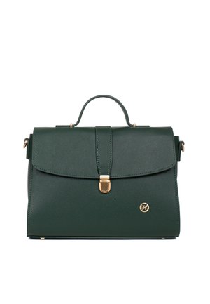 Ciemnozielona, fakturowana skórzana torebka z górnym uchwytem, złotym zapięciem i małym złotym emblematem z logo z przodu na dole po prawej stronie.