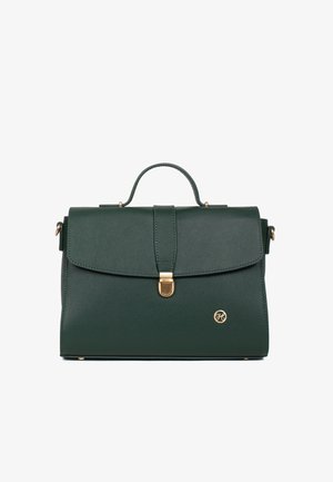 Ciemnozielona, fakturowana skórzana torebka z górnym uchwytem, złotym zapięciem i małym złotym emblematem z logo z przodu na dole po prawej stronie.