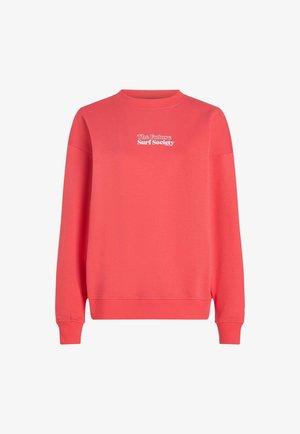 Sweatshirt corail en tissu doux, avec un col rond et des poignets côtelés. "The Future Surf Society" imprimé en blanc sur le devant.