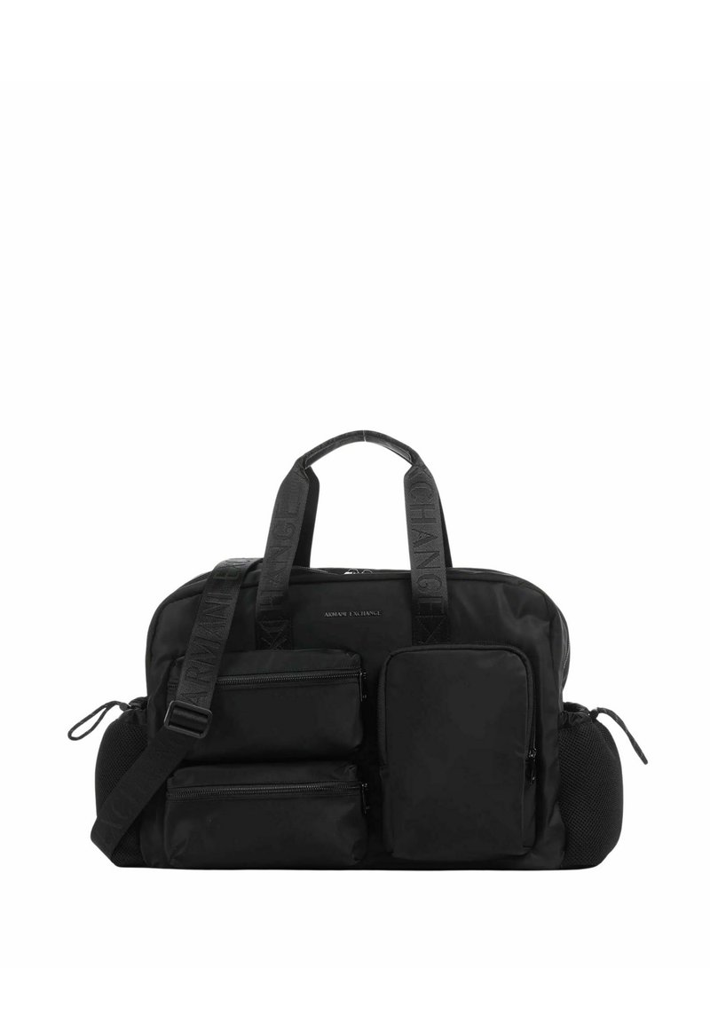 Borsa a duffle nera in nylon con due tasche frontali con zip, tasca laterale in rete, manici doppi e una tracolla staccabile.