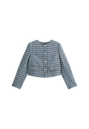 Blue tweed cropped jacket with a round neckline, long sleeves, front button closure, and two front pockets. Textured fabric with check pattern.