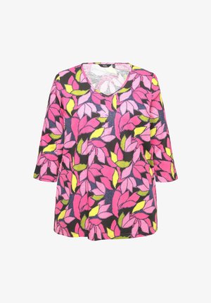 T-shirt à manches courtes avec un col en V, motif floral de feuilles en rose, jaune et vert sur fond noir. Fabriqué en tissu léger.