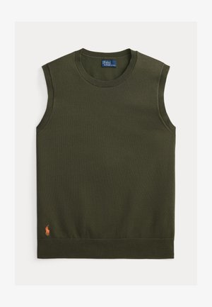 Mørk olivengrønn ermeløs strikket topp med ribbet halslinning og kant. Har en liten oransje logo brodert nær nederste venstre side.