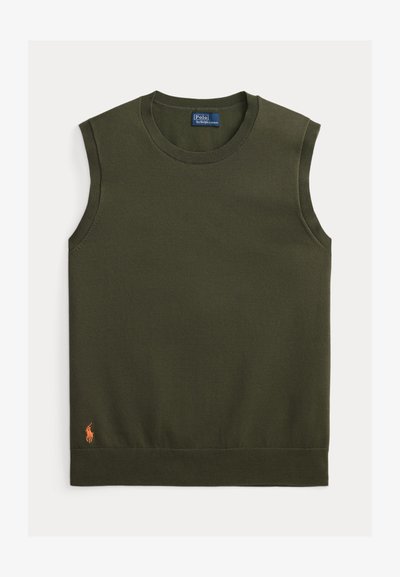 Πλεκτό τοπ χωρίς μανίκια σε σκούρο ελιά πράσινο χρώμα, με ριμπ στη λαιμόκοψη και στο τελείωμα. Διακοσμείται με ένα μικρό πορτοκαλί λογότυπο κεντημένο κοντά στο κάτω αριστερά μέρος.