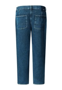 Tumedat sinist värvi teksapüksid, lõdva istuvusega, millel on kaks tagataskut, õmmeldud detailid ja lihtne vöökoht.