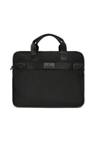 Zwarte laptoptas gemaakt van duurzaam nylon, met een gladde textuur, dubbele bovenhandvaten en een logo-accent aan de voorkant. Rechthoekige vorm.