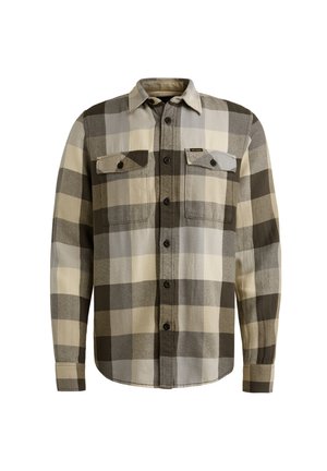 Chemise à manches longues en tartan dans des tons de gris, beige et marron. Dotée de deux poches poitrine, d'une fermeture à boutons sur le devant et d'un col classique.