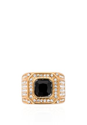 Gold ring with a large black square gemstone in the center, surrounded by multiple small clear round crystals on the band and frame.