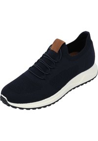 Scarpa sportiva a maglia blu navy con un accento in pelle beige sul tallone, caratterizzata da una tomaia testurizzata, suola leggera e outsole in gomma nera.