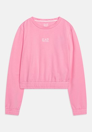 Sweat-shirt court rose en tissu doux, avec manches longues, poignets élastiques et logo EA7 à l'avant. Texture lisse.