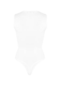 Weißer ärmelloser Bodysuit mit hohem Kragen, der eine glatte Textur und eine enganliegende Form aufweist, entworfen für eine schlanke Silhouette.