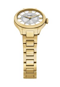 Orologio in tono oro con quadrante rotondo, quadrante bianco, numeri romani e bracciale a maglie in metallo. Presenta un centro argentato testurizzato e una corona.