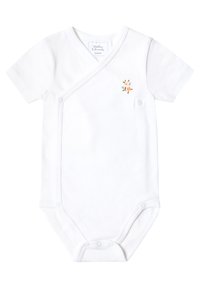 Weißes Baumwoll-Babybody mit kurzen Ärmeln, Überkreuzdesign und Druckknopfverschlüssen. Mit kleiner floralem Stickerei auf der Brust.