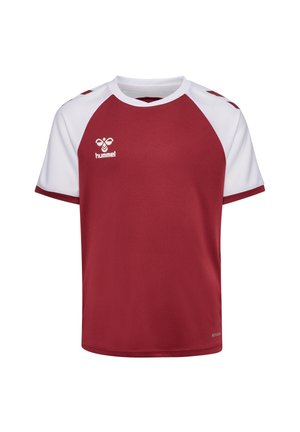 Rotes und weißes Sportshirt mit kurzen Ärmeln, rundem Ausschnitt und Logo auf der linken Brust. Glatter Stoff, minimalistisches Design.