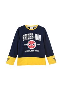 Marineblaues Langarm-T-Shirt mit gelben Akzenten, das ein Spider-Man-Motiv zeigt, sowie den Text "Spider-Man EST. 2017 Queens, New York" und das Spinnen-Logo.