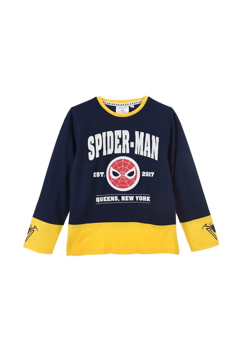 Marineblaues Langarm-T-Shirt mit gelben Akzenten, das ein Spider-Man-Motiv zeigt, sowie den Text "Spider-Man EST. 2017 Queens, New York" und das Spinnen-Logo.