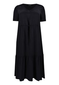 Svart klänning med korta ärmar, V-ringning, rynkad midja och knytdetalj. Utsvängd kjol med lager i botten. Mjuk, lätt tyg.