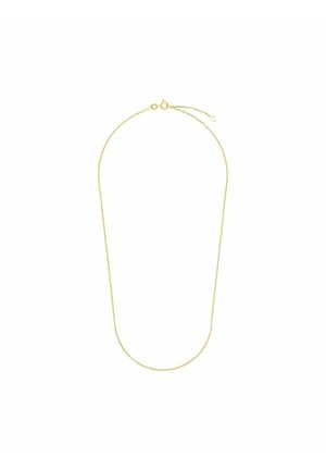 Collier délicat en fine chaîne d'or avec fermoir à ressort et petit maillon d'extension sur fond blanc.
