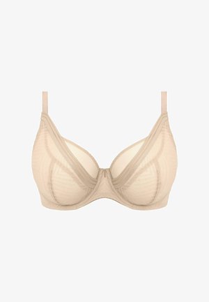 Beige onderwired beha van doorschijnende textuurstof, met geometrische patronen en verstelbare banden. Met naden voor vorm en ondersteuning. Eenvoudig ontwerp.