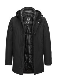 Schwarze wasserdichte Jacke mit abnehmbarem Kapuze, Reißverschluss und isolierter glänzender Fütterung. Verfügt über Druckknöpfe und ein Logo auf der inneren Fütterung.