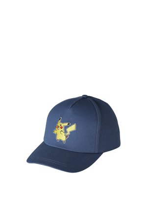 Marineblaue Baseballkappe mit einem auf dem Frontpanel gestickten gelben Pikachu-Motiv.