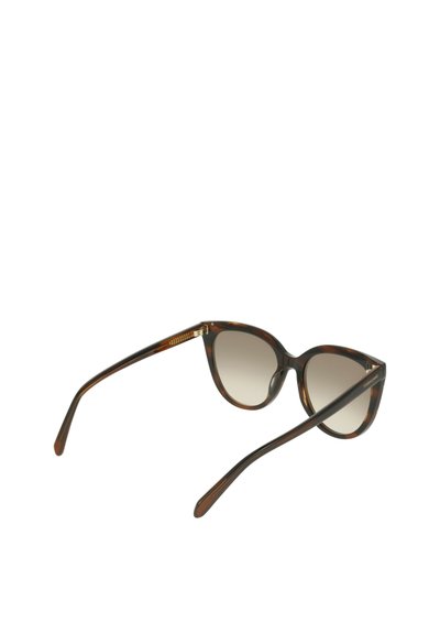 Lunettes de soleil œil-de-chat à motif écaille de tortue. Verres dégradés avec une texture lisse. Branches fines et effilées avec un détail de marque subtil.