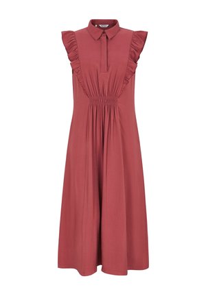 Rochie midi fără mâneci, într-o nuanță roz prăfuit, cu detalii ondulate pe umeri, decolteu cu guler, fenta frontală și talie elastică adunată.