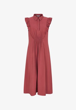 Rochie midi fără mâneci, într-o nuanță roz prăfuit, cu detalii ondulate pe umeri, decolteu cu guler, fenta frontală și talie elastică adunată.