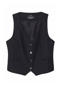 Czarna bezrękawnikowa kamizelka z dekoltem w serek, sześcioma guzikami i dwoma bocznymi kieszeniami. Gładki materiał z satynową podszewką, dopasowany krój.