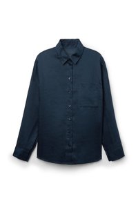 Camicia a maniche lunghe blu scuro in lino; presenta una chiusura con bottoni, colletto, una tasca sul petto e una vestibilità comoda.
