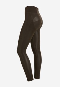 Leggings neri a vita alta con una texture liscia e elastica e cuciture a contrasto. Presentano un dettaglio cucito sul retro e sono alla lunghezza della caviglia.