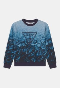 Felpa girocollo blu navy con un gradiente testurizzato, caratterizzata da un logo geometrico al centro e polsini e orlo a costine.