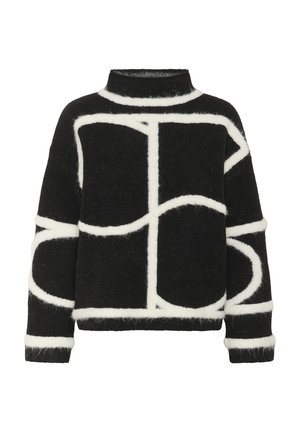 Suéter negro de felpa con cuello alto y líneas geométricas blancas en negrita que forman rectángulos y curvas a lo largo del cuerpo y las mangas.