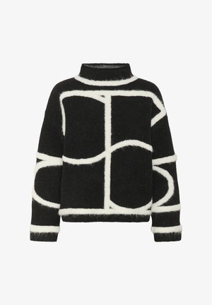 Maglione nero spesso con collo alto e audaci linee geometriche bianche che formano rettangoli e curve su corpo e maniche.