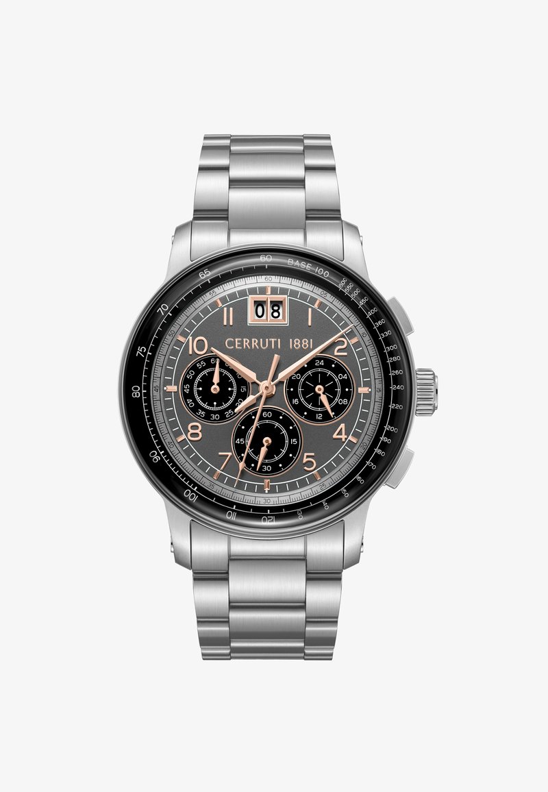 Montre chronographe Cerruti 1881 en acier inoxydable avec cadran noir, aiguilles et marqueurs en or rose, trois sous-cadrans, affichage de la date et bracelet à maillons métalliques.